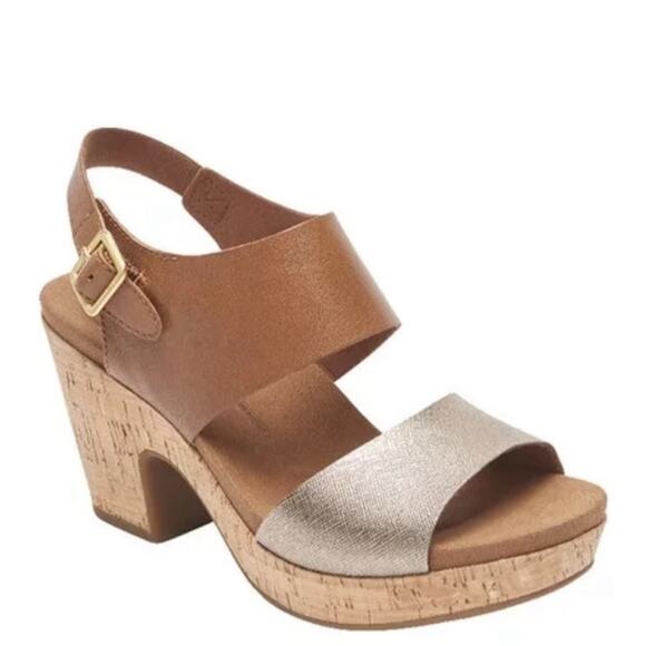 Rockport Shoes - Rockport Vivianne 2 cork Leather Metallic heel Sandals two-tone comfort Size 7
